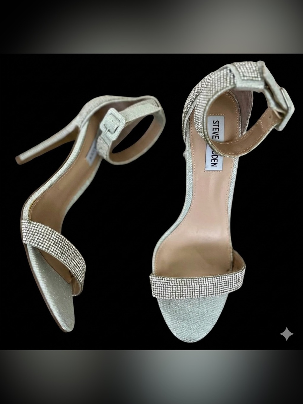 Steve Madden Heeled Sandal Silver Rhinestoned Strappy  Ankle Strap Spike Heel 8